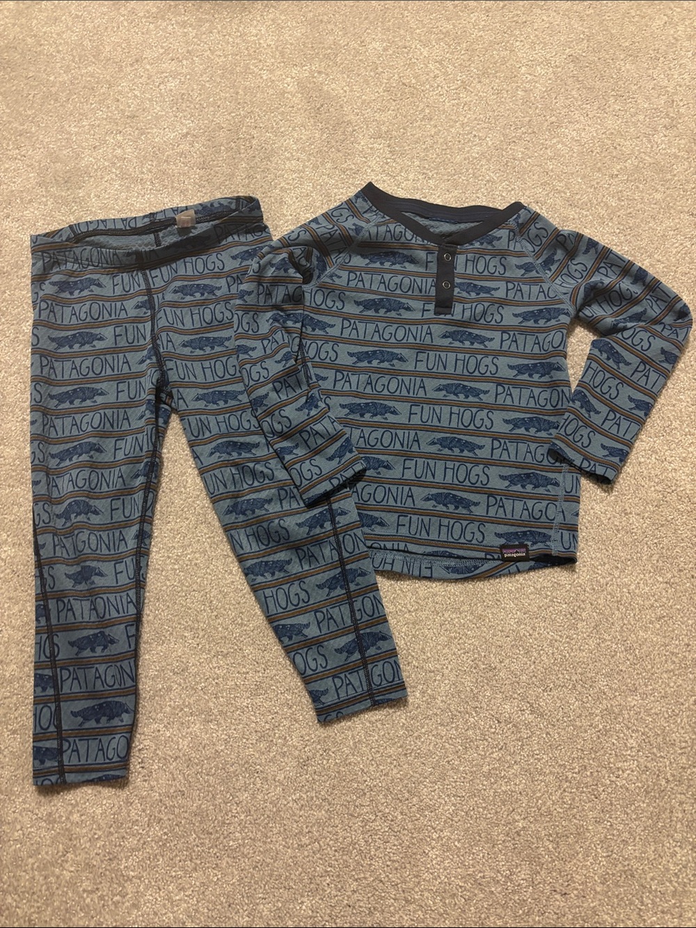 Patagonia Capilene Base Layer Blue 'Fun Hogs' Kids Set